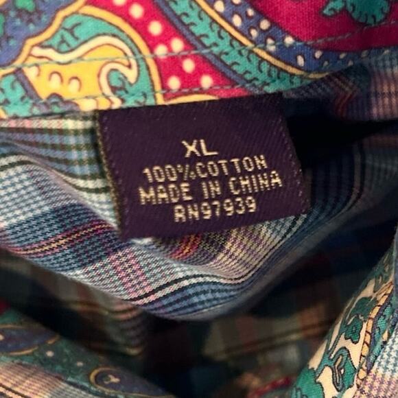 Alan Flusser Multicolor Plaid Button Down Shirt XL Contrast Paisley Cuff Sleeves - Picture 4 of 9